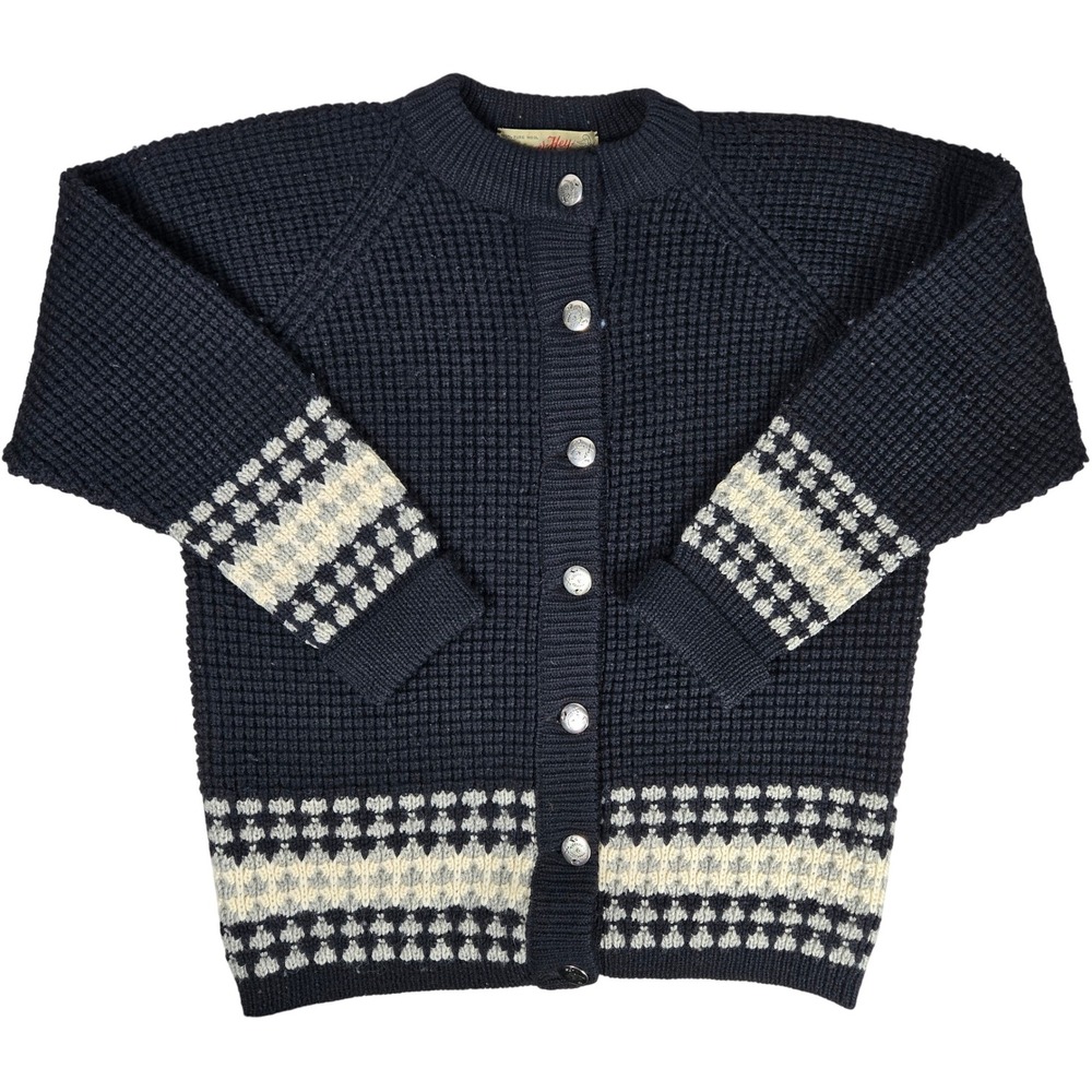 Vintage Spencer Hey Wool Cardigan Sweater Womens Navy Blue Fair Isle Knitwear